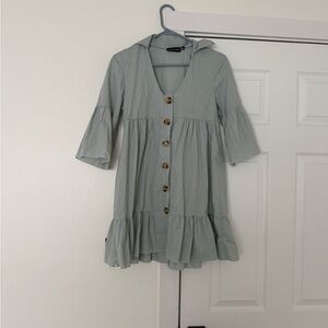 PrettyLittleThing Sage Green Button-Front Tiered Mini Dress